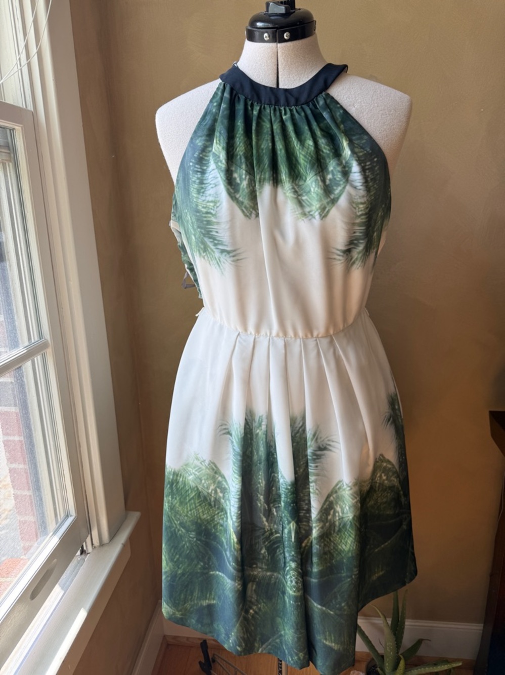 Palm Leaf Print Halter Dress - Green & White